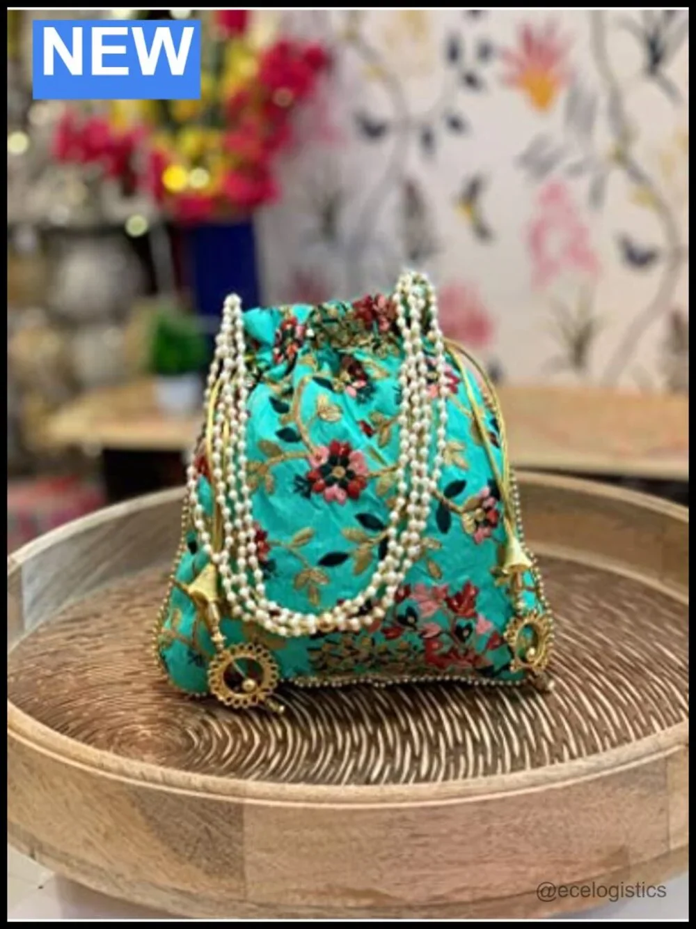 Handmade Embroidered Silk Potli Bag Pearl Handle Drawstring Clutch for Weddings